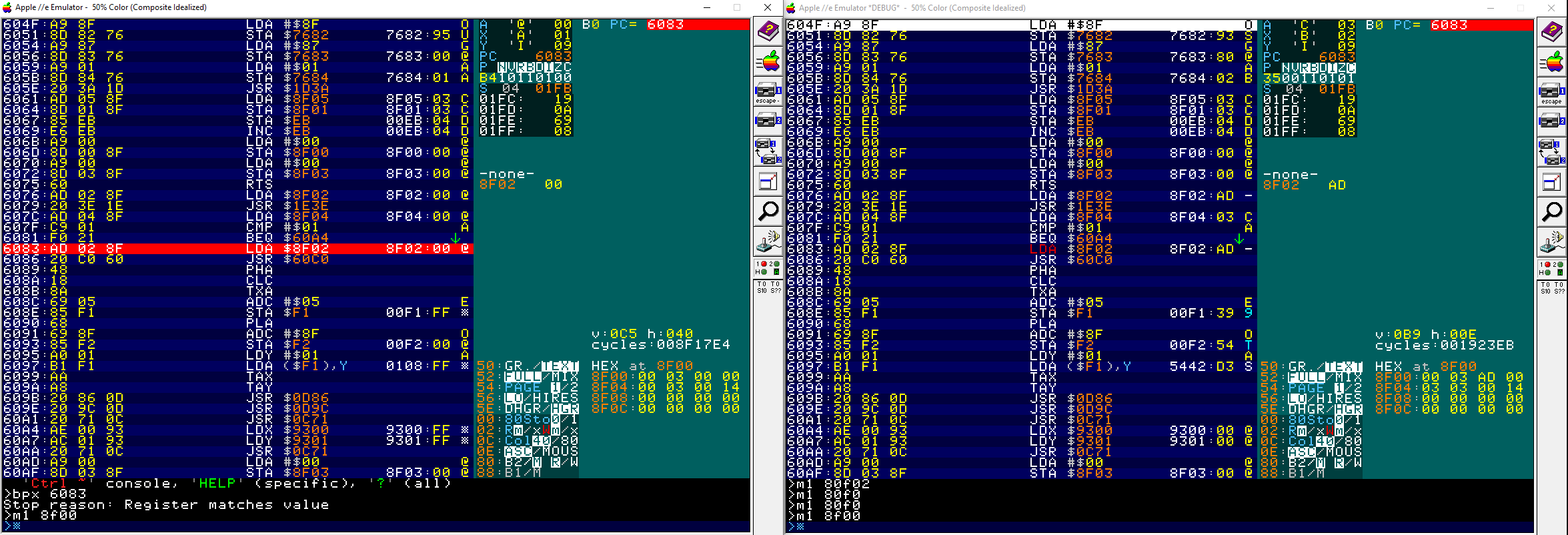 Unmodified and modified AppleWin side by side