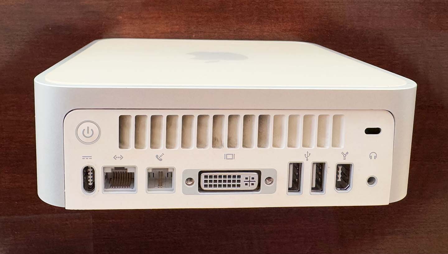 "Rear view of the Mac Mini G4, showing its ports"