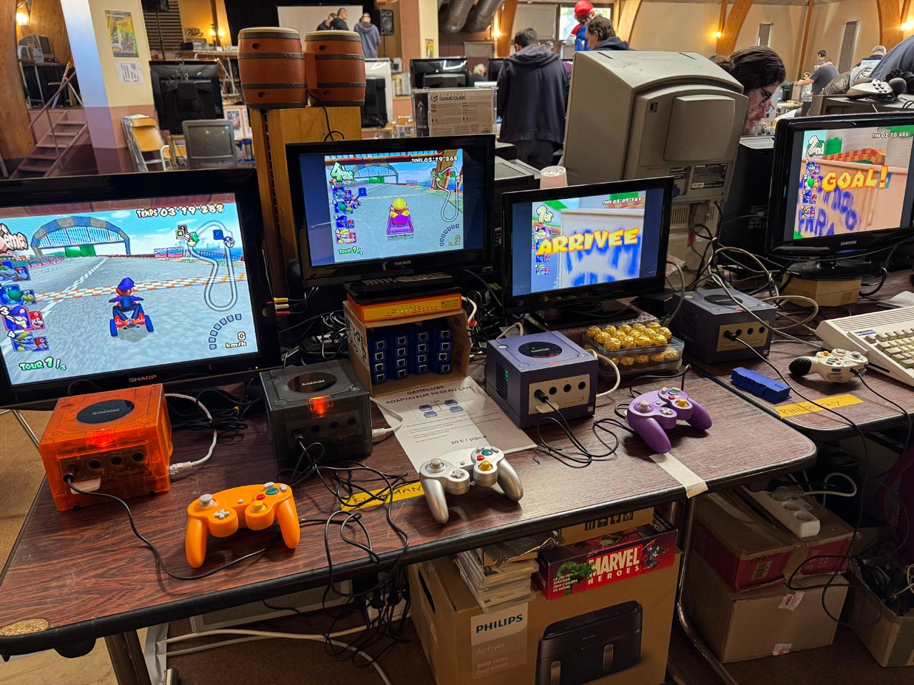 Four Nintendo Gamecube networked to play Mario Kart Double Dash